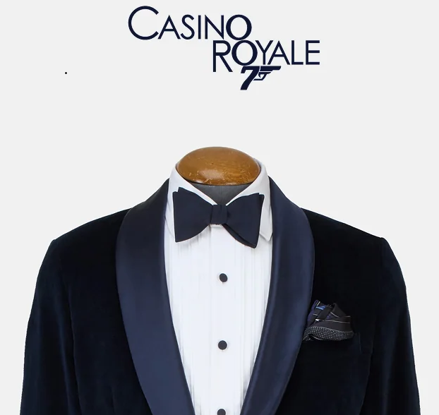 Casino Royale 007 evening suit jacket with satin lapels, a white dress shirt, and a dark bow tie