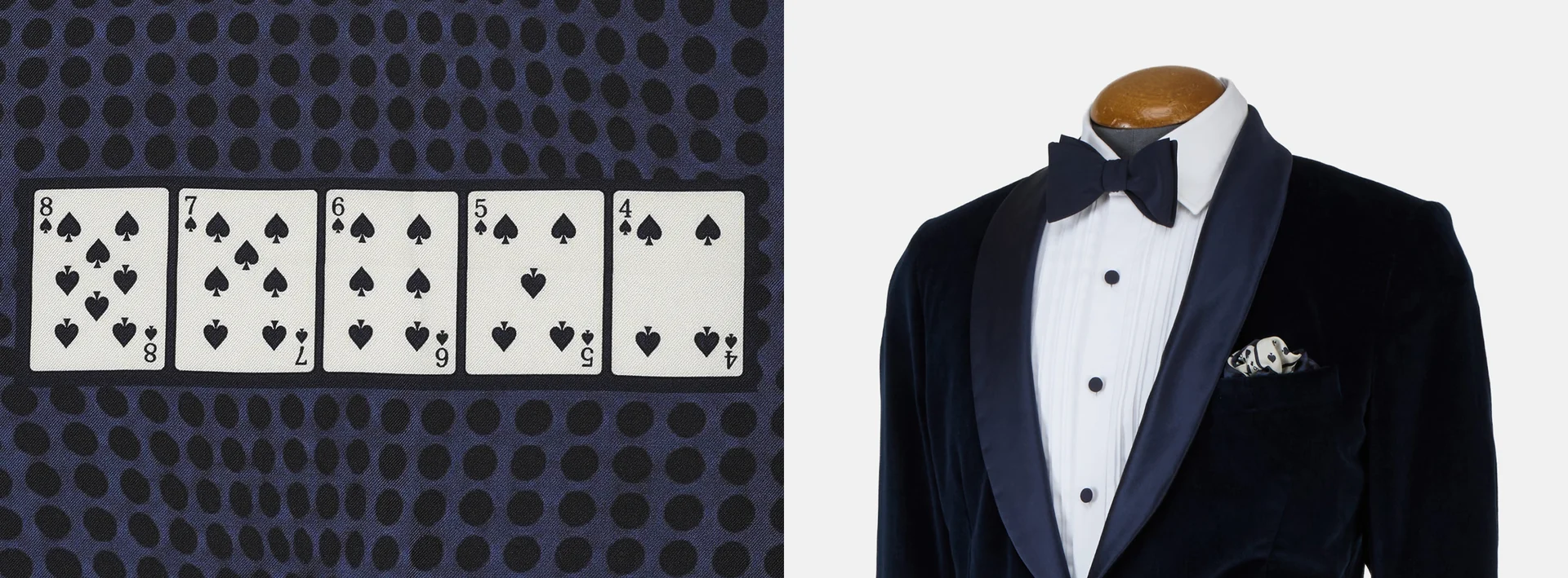 Playing-card pocket square detail beside an evening jacket